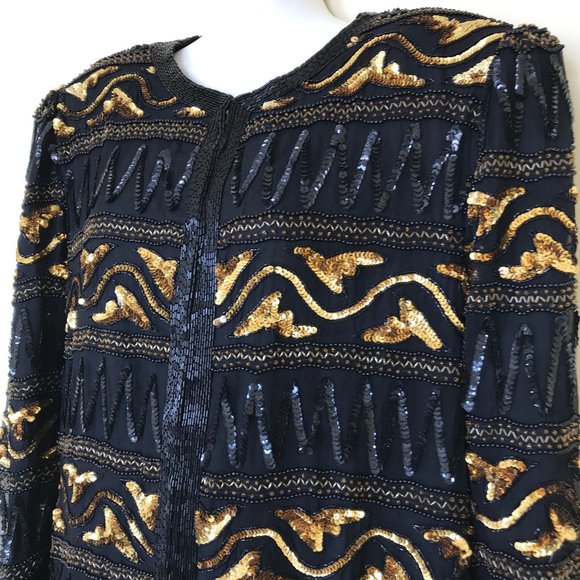 Creative Creations Silk Fully Hand Beaded Jacket Top Black & Gold Ornate Sequin - Picture 2 of 6